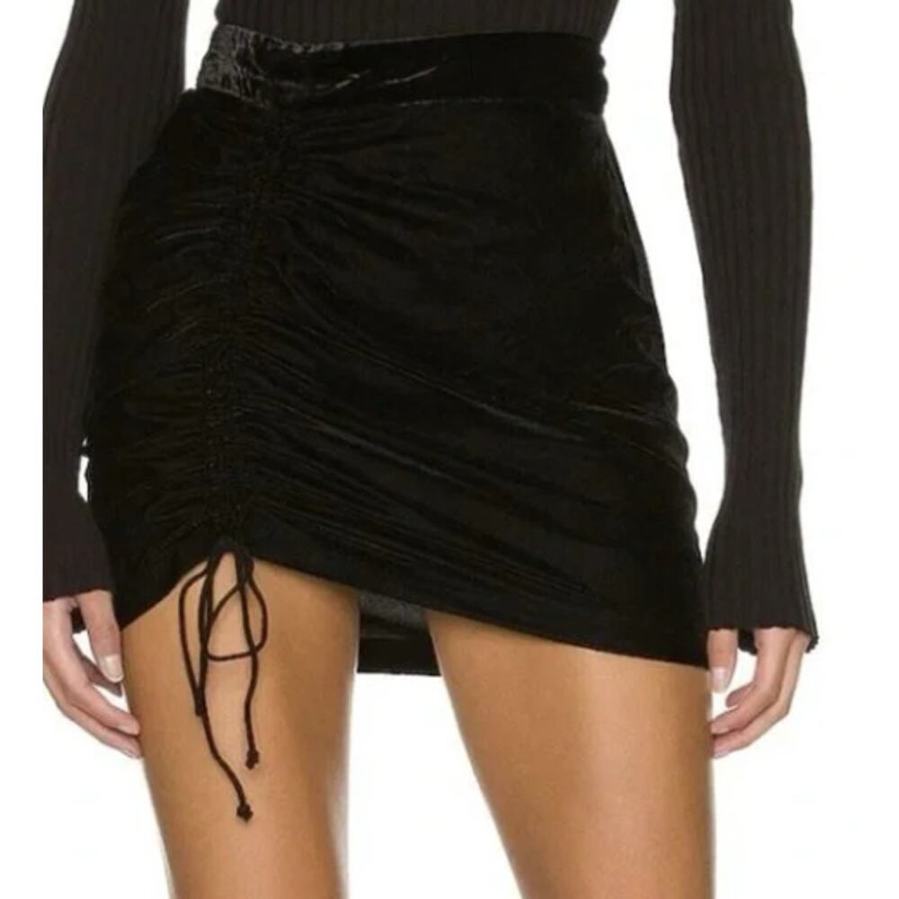 Free People Black Velvet Ruched Drawstring Mini Skirt Size 4